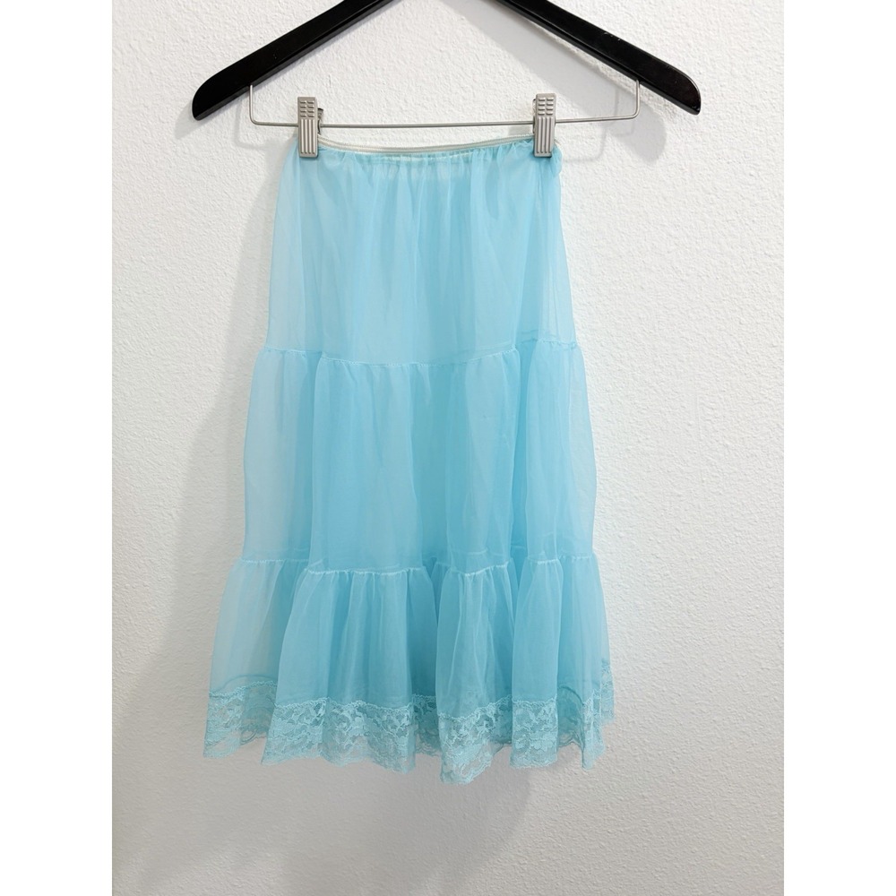 Vintage 50s Sheer Tiered Petticoat Small ? Aqua Organza Crinoline Circle Skirt